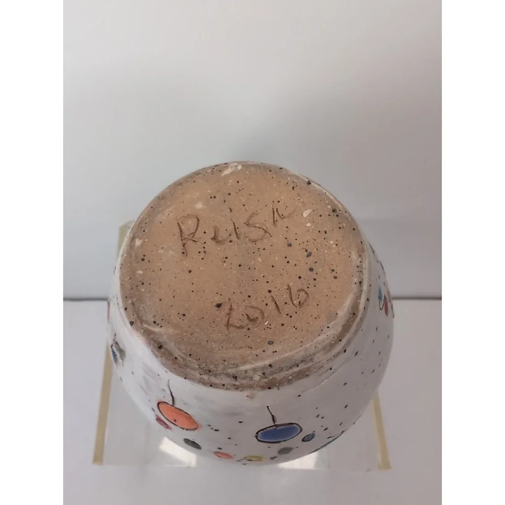 Glazed Handmade Pot/Vase Colorful Design Signed & Dated Contemporary, Cute Bugs?